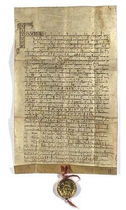 Zlatá bula přivěšena k listině vydané 26. 9. 1212 v Basileji Fridrichem, sicilským králem a budoucím císařem Fridrichem II. (Listina obecně známá jako Zlatá bula sicilská.) Národní archiv v Praze, AČK Inv. č. 2