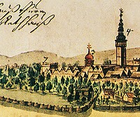 Hrabovská brána na výřezu z veduty Ostravy z roku 1728. Převzato z Brosch O., Povodí Odry, Český Těšín 2005, s. 15. Originál uložen v Archivu města Brna.